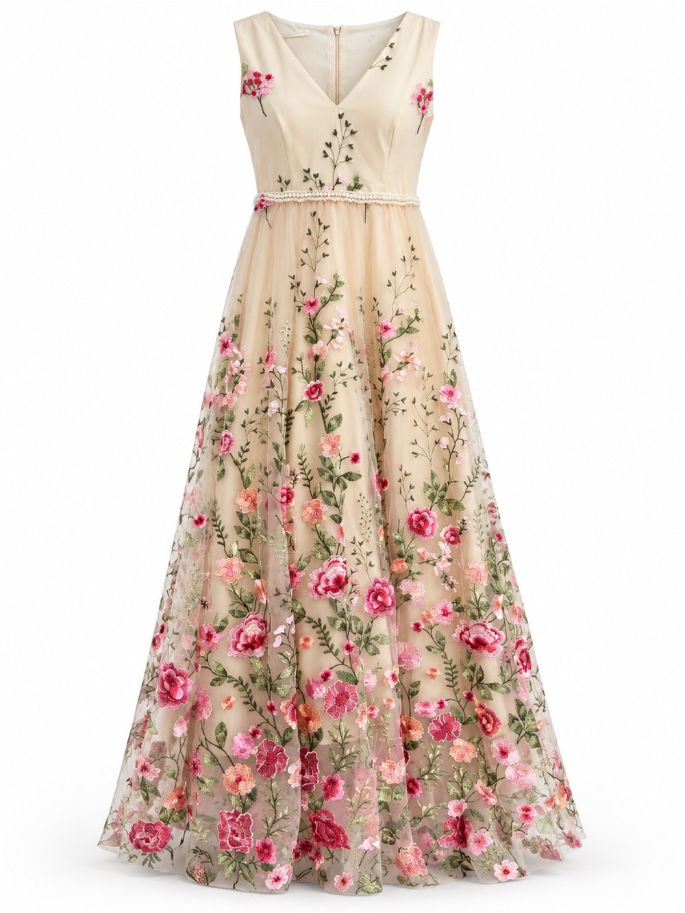 Elegant Floral Embroidered Beige Evening Dress with Pink Accents